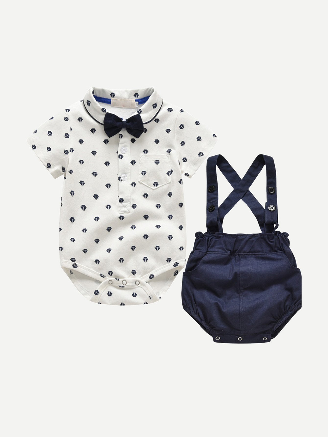 Boys Bow Tie Romper With Overall Shorts