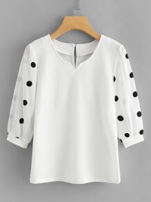 Sheer Mesh Sleeve Polka Dot Top