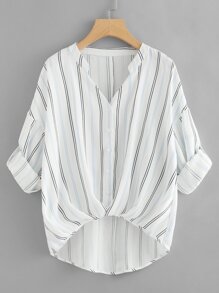 Rolled Up Sleeve Striped Dip Hem Blouse