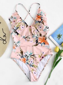 Flounce Neckline Botanical Swimsuit