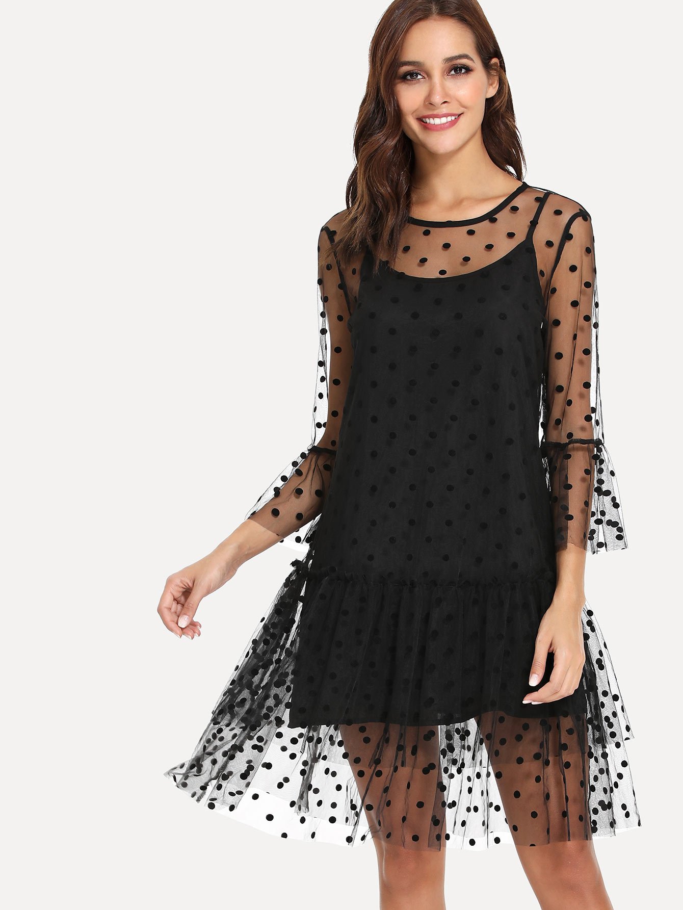 Ruffle Trim Dot Mesh Dress With Longline Cami ruffle mesh panel dress