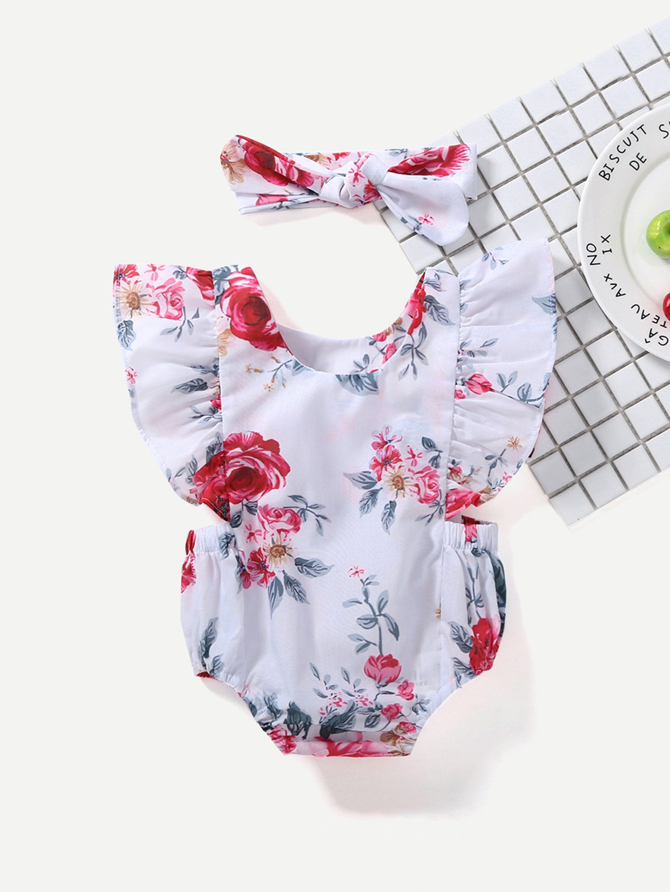 Girls Baby Floral Print Ruffle Romper With Headband