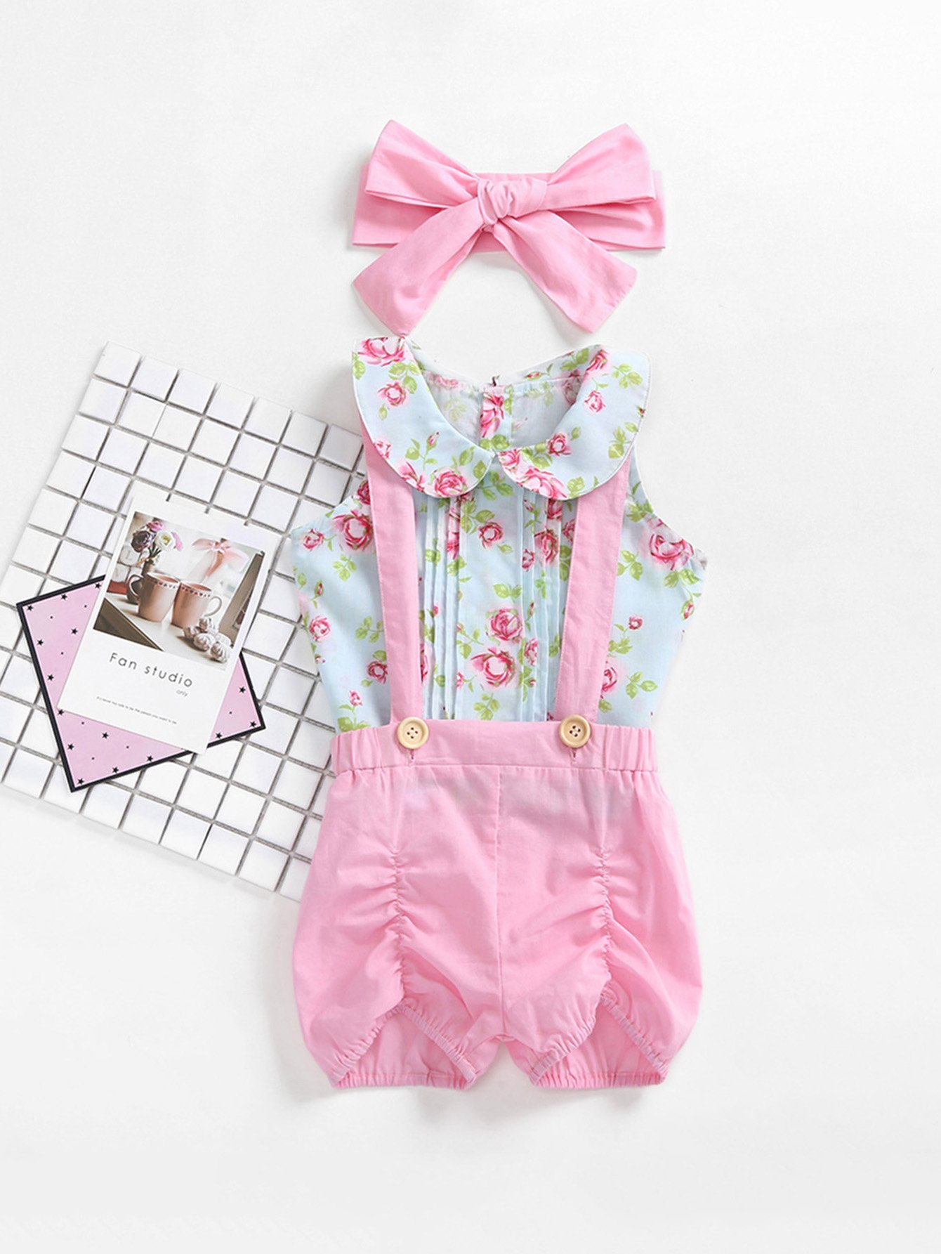 Girls Baby Floral Print Top & Overalls Set With Headband