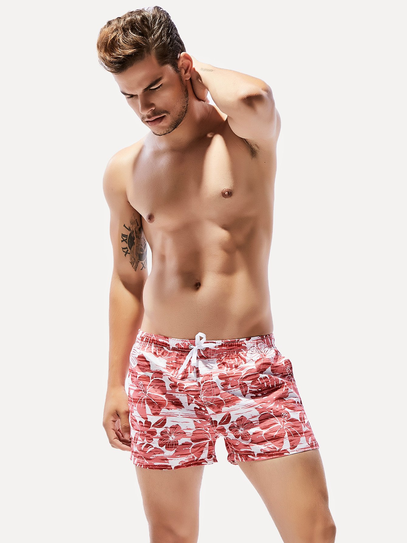 Men Jungle Print Drawstring Beach Shorts