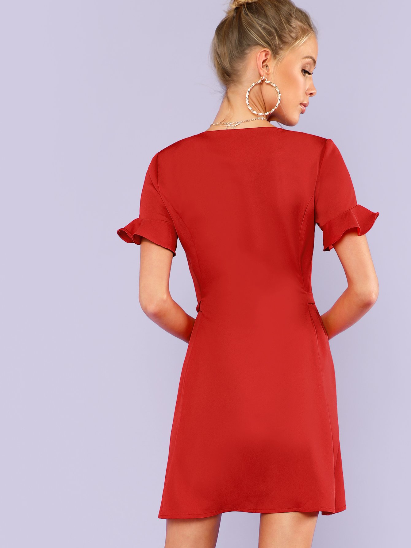 Self Tie Waist Flounce Sleeve Button Up Dress SheIn(Sheinside)