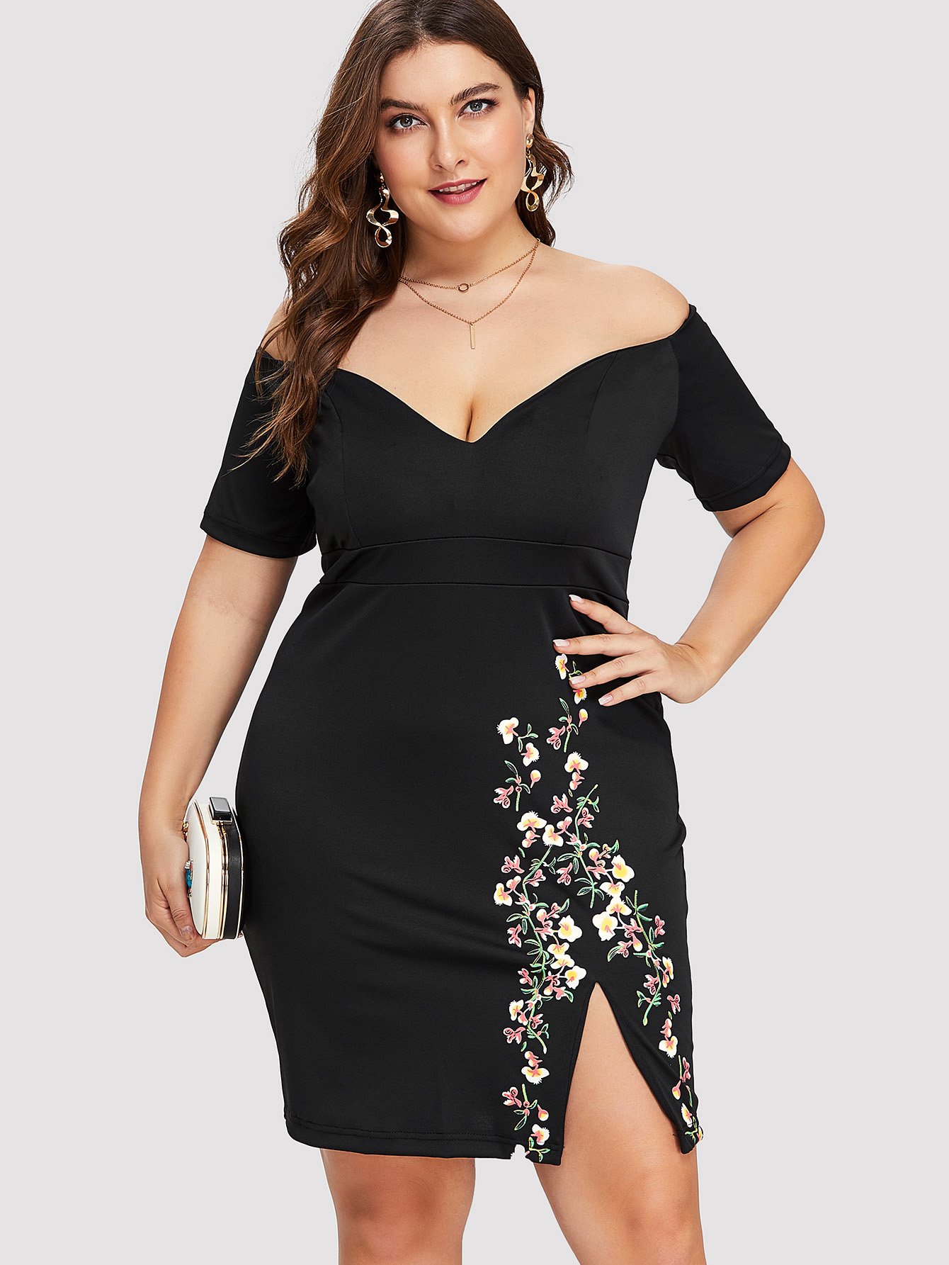 Off Shoulder Floral Print Split Hem Dress floral print split hem jumpsuit