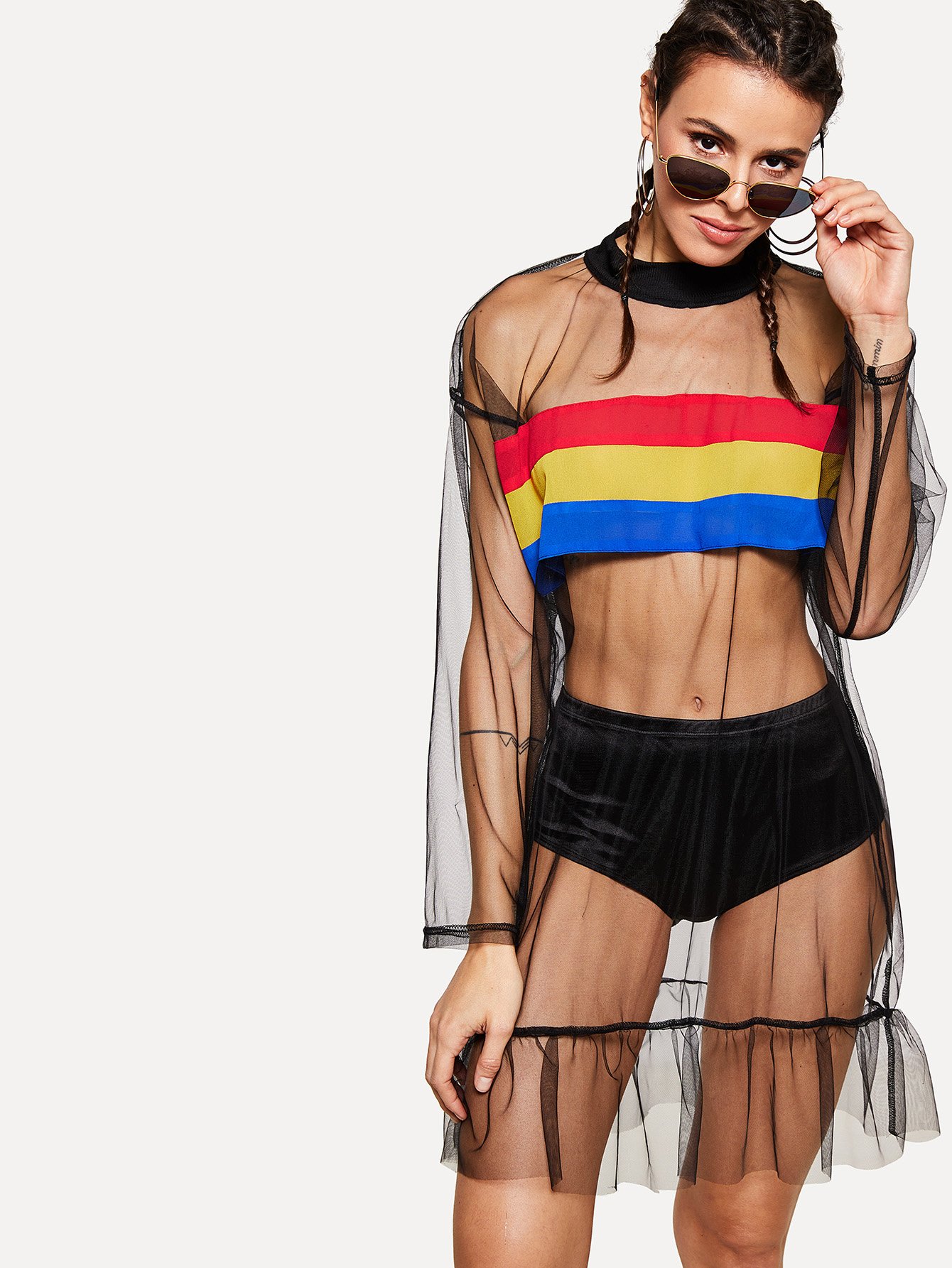 цена Striped Sheer Mesh Ruffle Hem Dress