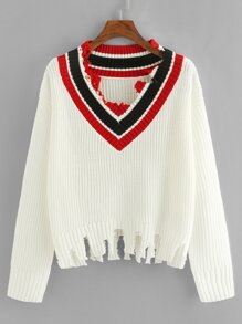 Raw Cut Striped V-Neck Sweater