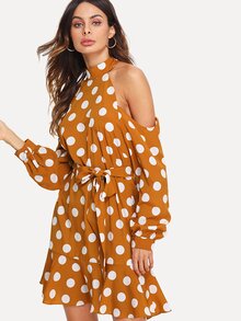 Self Belted Polka Dot Halter Cold Shoulder Dress