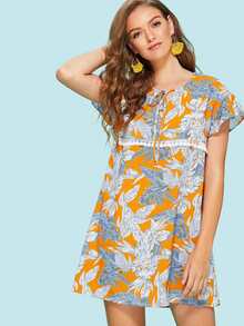 Tie Neck Lace Detail Tropical Tunic Dress