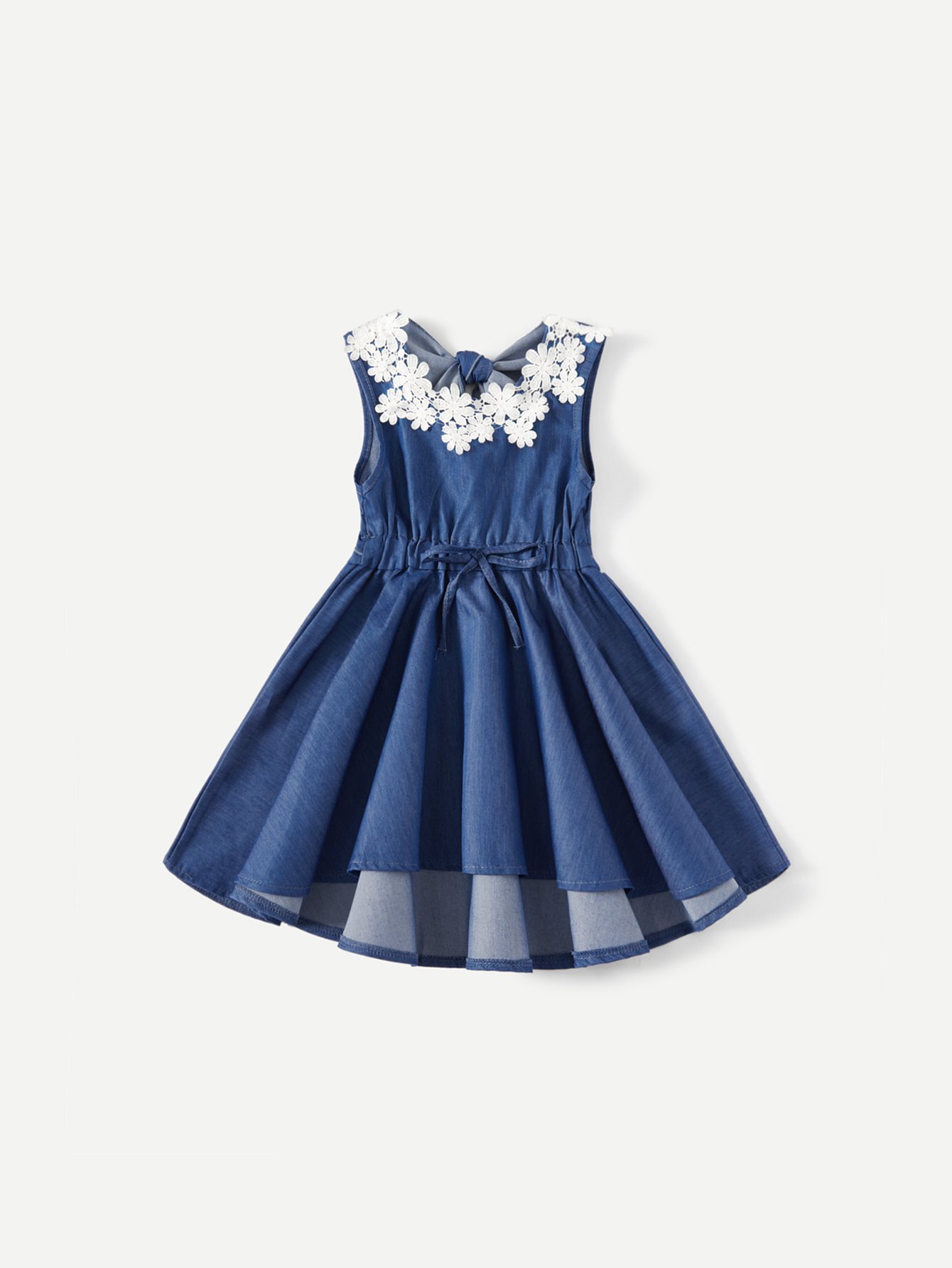 Girls Contrast Lace Knot Back Dip Hem Denim Dress