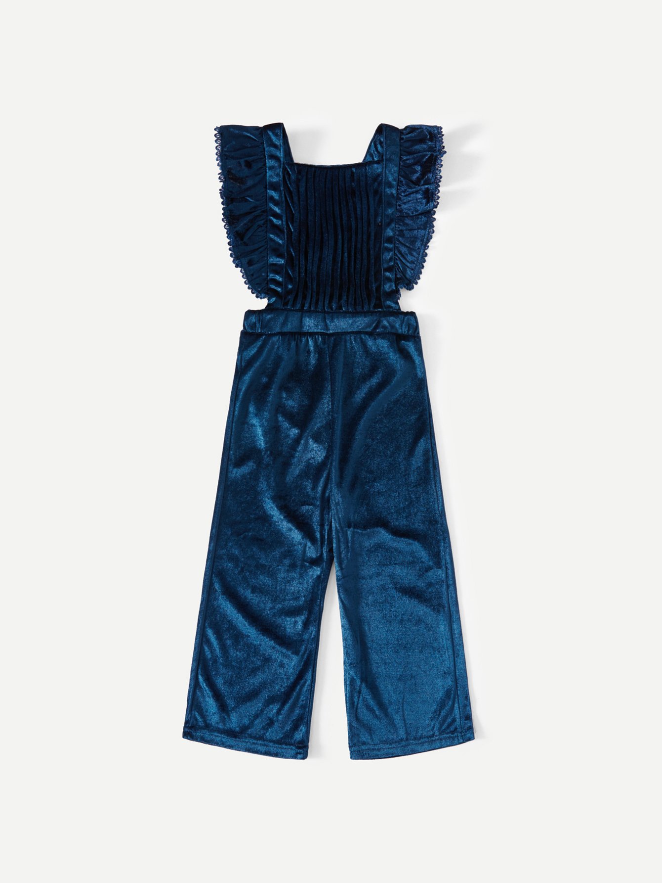 Girls Velvet Ruffle Trim Criss Cross Jumpsuit
