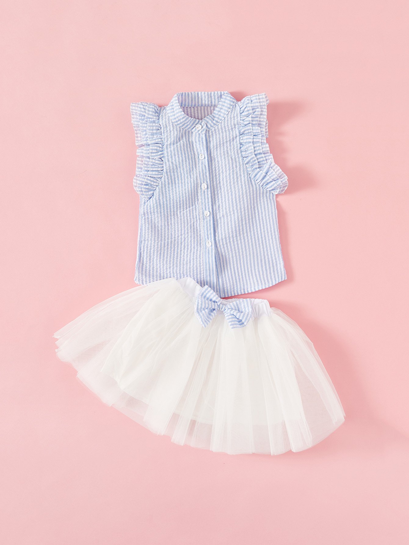 Girls Contrast Stripe Frill Trim Blouse With Skirt