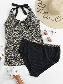 Halter Neck Leopard Print Tankini Set