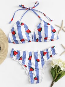 Mixed Print Frilled Bikini Set