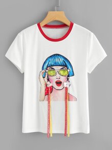 Studs & Flower Applique Figure Print Tee