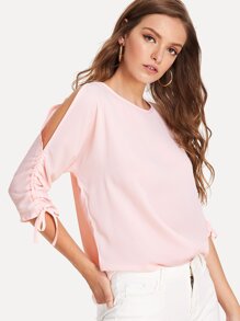 Shirred Drawstring Split Sleeve Top