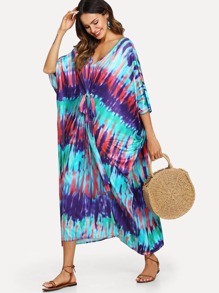 Tie Dye Knot Front Dolman Sleeve Oversized Dress