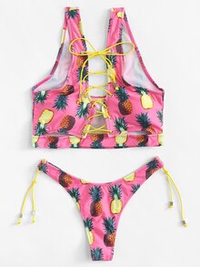 Pineapple Print Lace Up Bikini Set