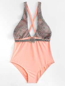 Lace Overlay Criss Cross Swimsuit