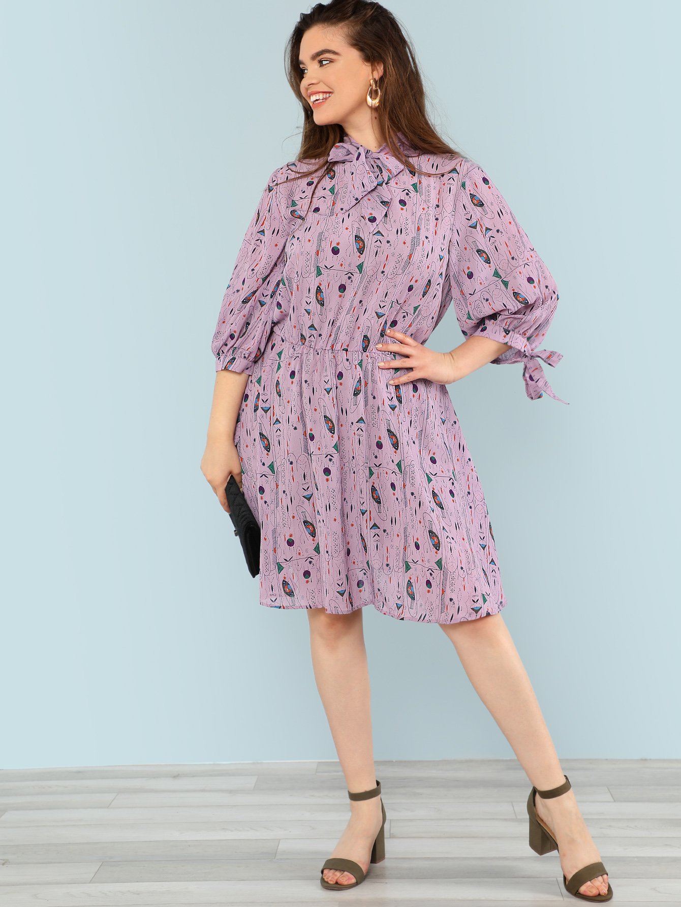 Planet Print Neck And Cuff Knot Dress letter print neck and cuff striped dress