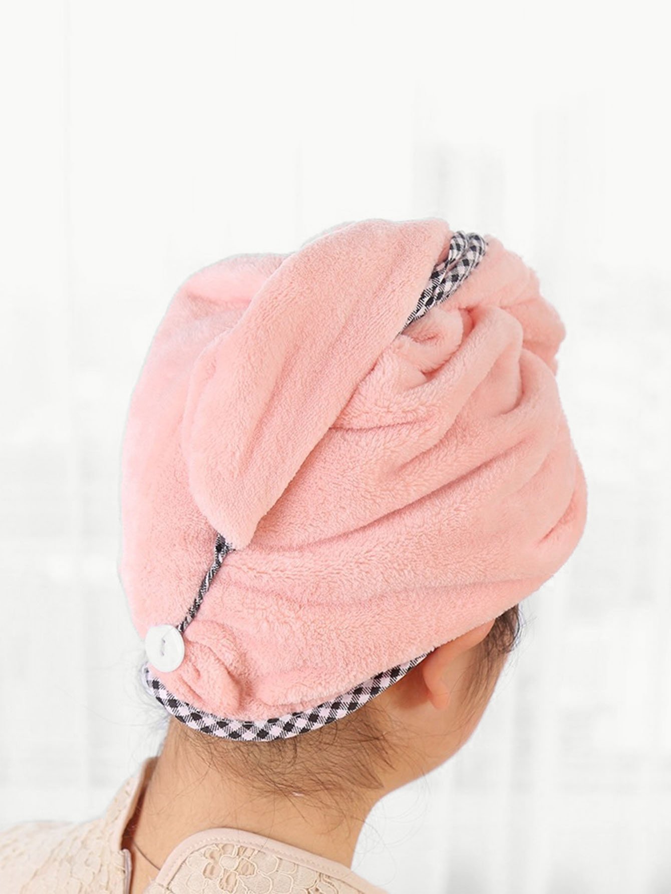 Gingham Trim Wrap Hair Drying Cap frill trim bathroom spa wrap with shower cap