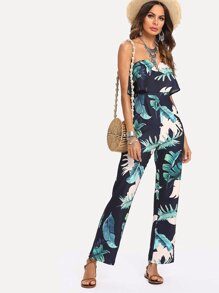 Tropical Print Flounce Trim Bardot Jumpsuit