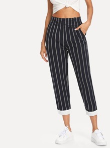 Contrast Hem Pinstripe Tapered Pants