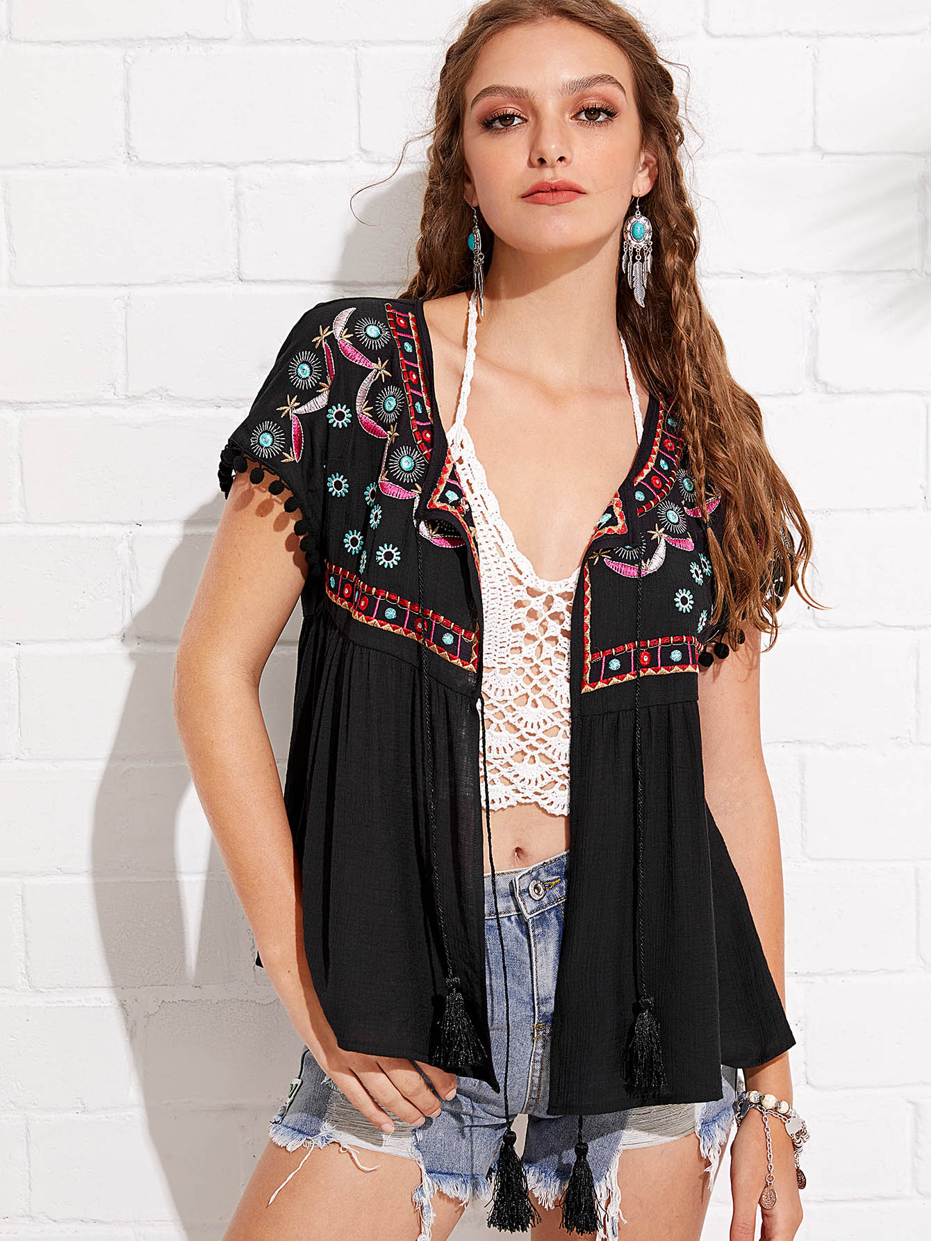 Tassel Tie Pom Pom Detail Embroidered Kimono pom pom tassel ethnic pendant earrings