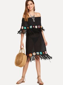 Flounce Trim Fringe Embellished Eyelet Crochet Dress Without Panty