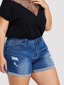 Cuffed Hem Bleach Wash Denim Shorts