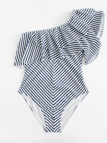One Shoulder Ruffle Striped Swimsuit