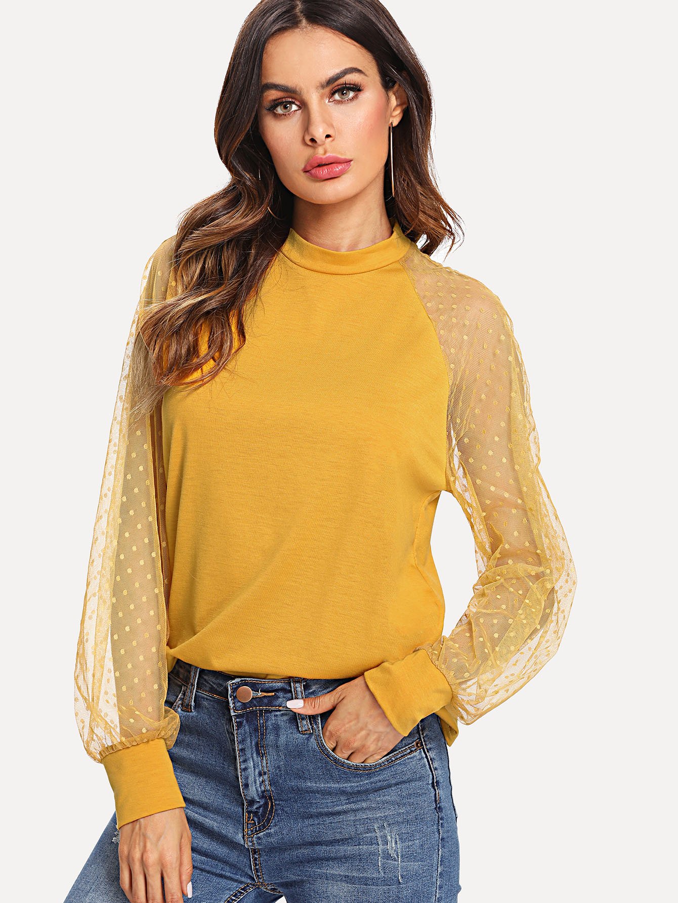 Polka Dot Mesh Raglan Sleeve Top polka dot mesh panel sleeve tee