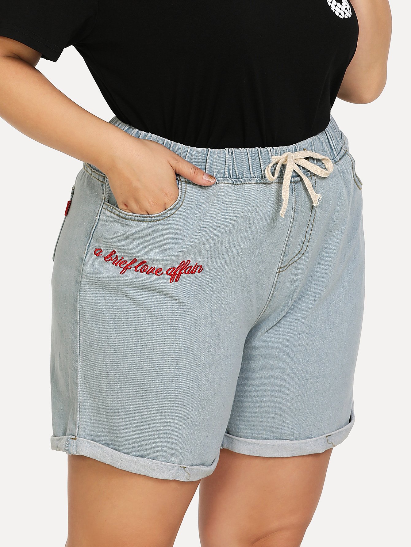 Plus Letter Embroidered Drawstring Denim Shorts