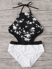Flower Print Open Back Swimsuit