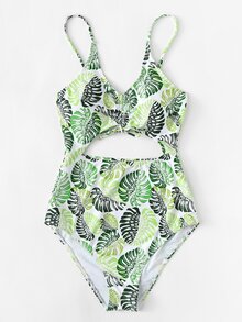 Palm Print Cutout Swimsuit