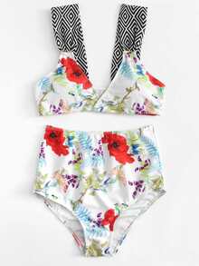 Flower Print High Waist Bikini Set