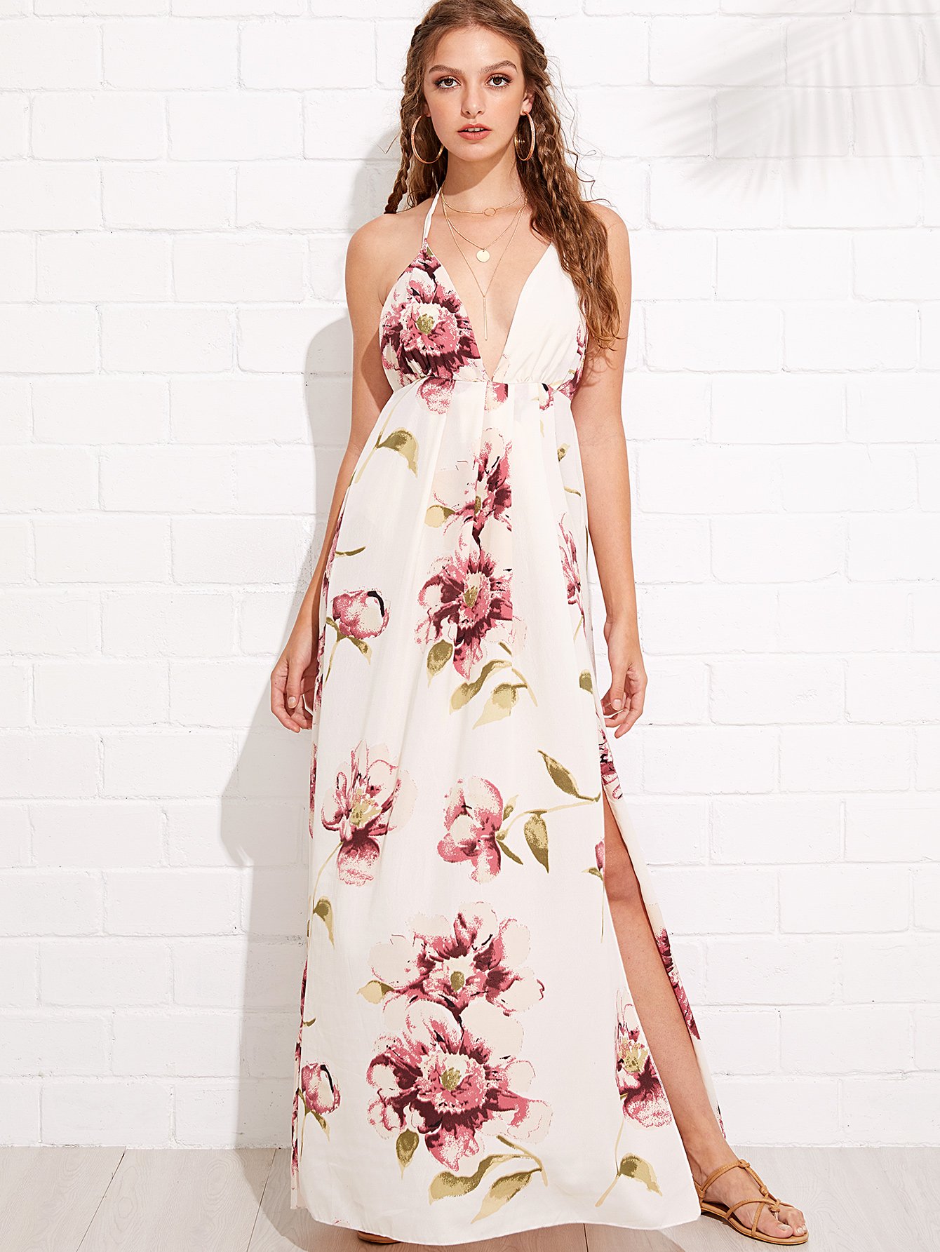 Floral Print Split Hem Backless Halter Dress floral print split hem jumpsuit