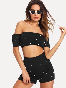Off Shoulder Pearls Beaded Crop Top With Shorts