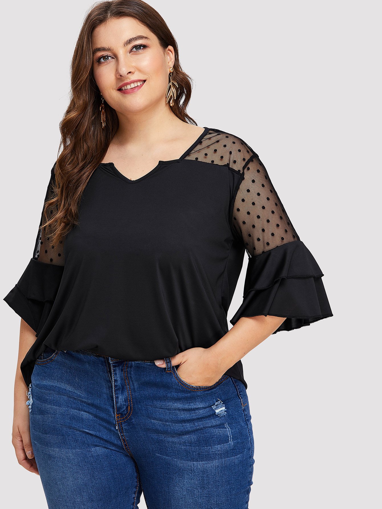 Dot Mesh Panel Tiered Ruffle Sleeve Top mesh panel sleeve dress