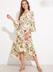 Tie Neck Bell Sleeve Flounce Dip Hem Dress