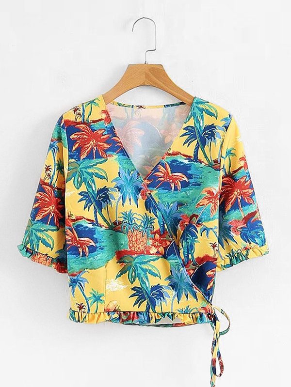 Foliage Print Frill Trim Wrap Blouse frill trim bathroom spa wrap with shower cap