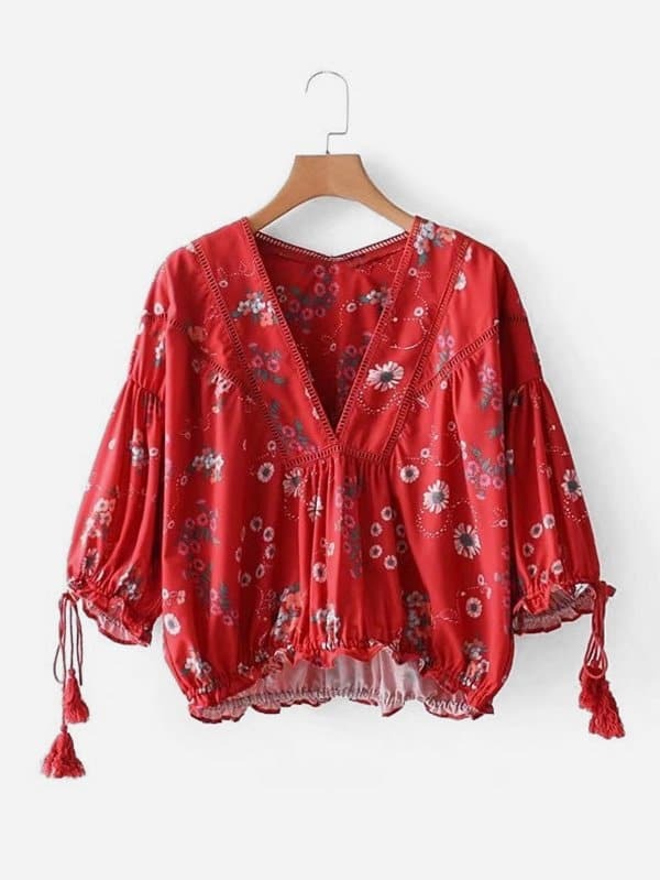 Ladder Lace Panel Calico Print Blouse calico print layered butterfly sleeve blouse