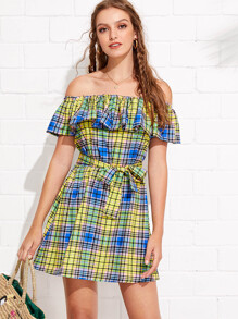Flounce Layer Neckline Madras Plaid Belted Dress