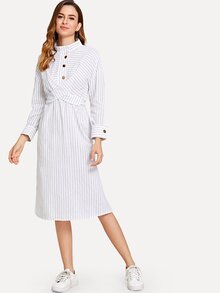 Cross Detail Tie Back Pinstriped Shirt Dress