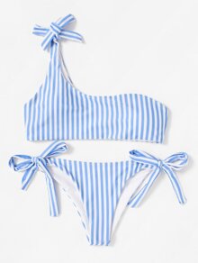 One Shoulder Striped Bikini Set