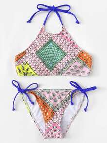 Mixed Print High Neck Bikini Set