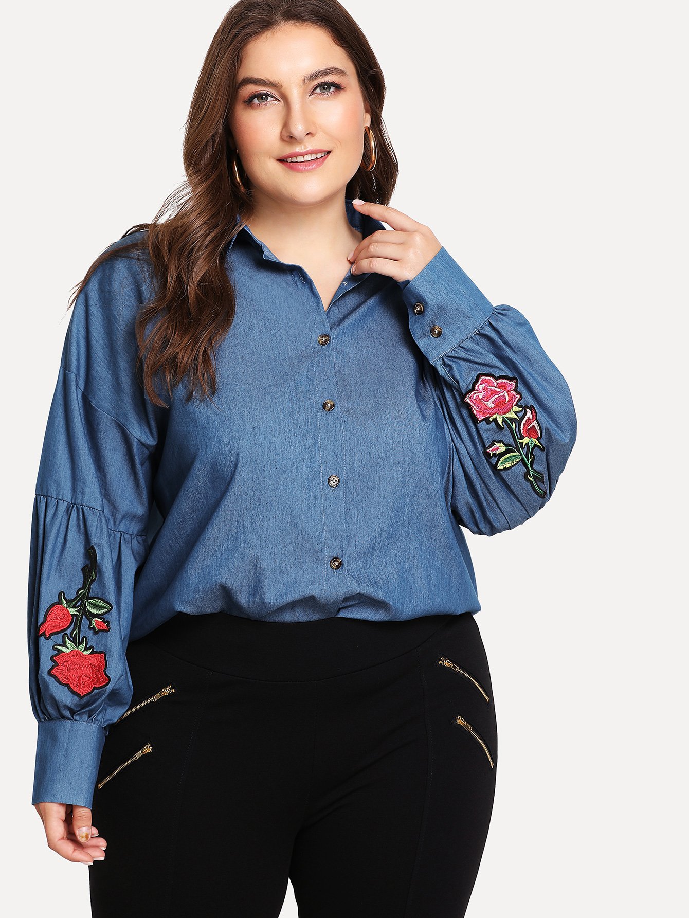 Plus Rose Embroidered Drop Shoulder Denim Shirt