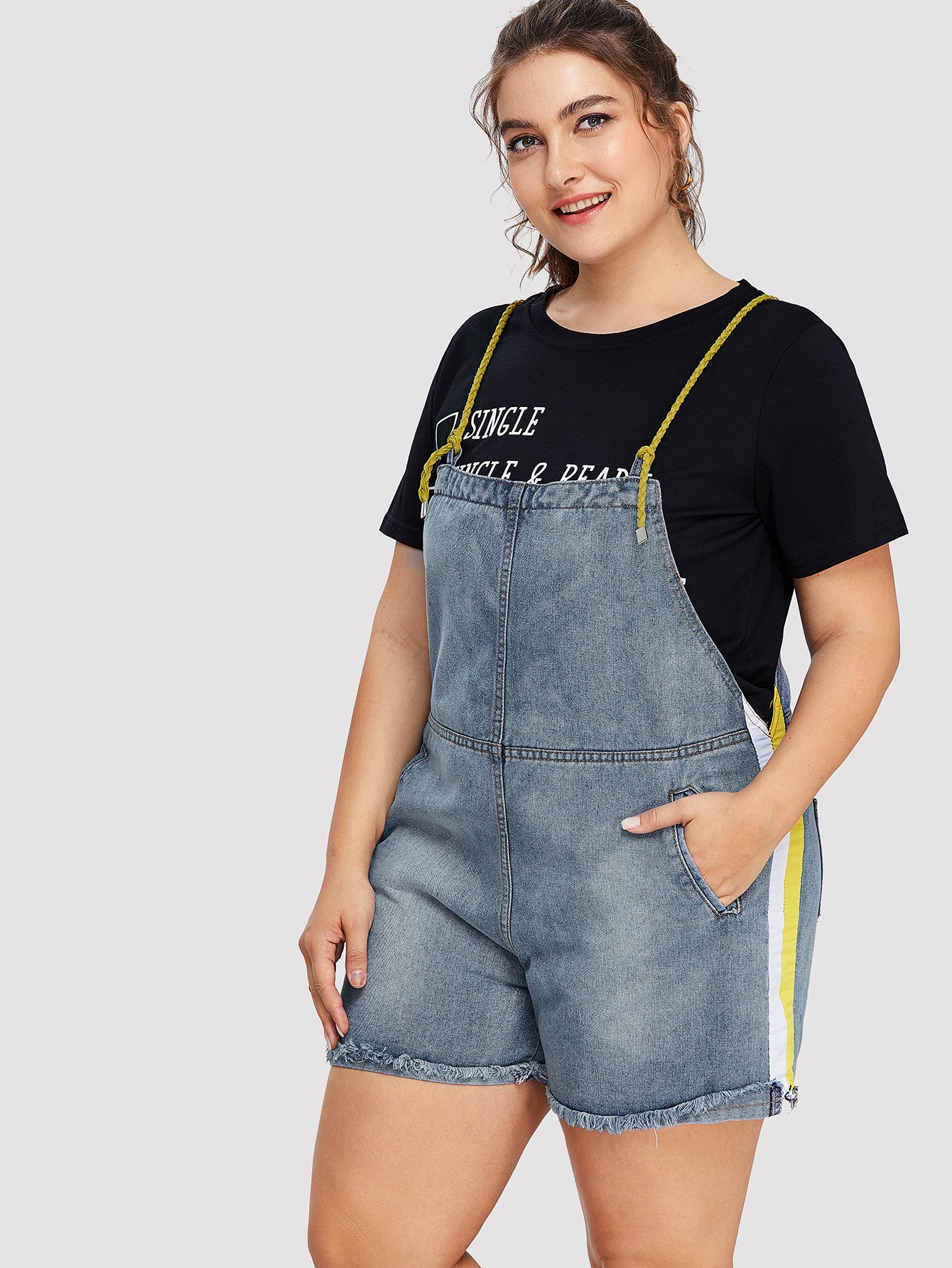 Plus Stripe Contrast Bleach Wash Denim Overalls