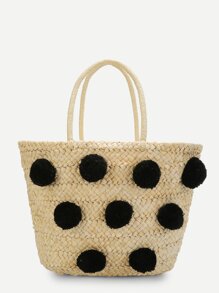 Straw Tote Bag With Pom Pom